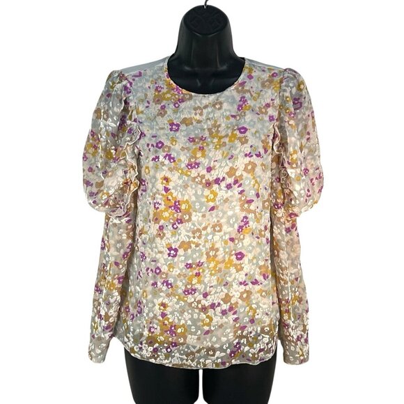 See By Chloe Silk Chenille Blouse Multicolored Ruffle Puff Long Sleeve  Sz 36/6 - Picture 1 of 9